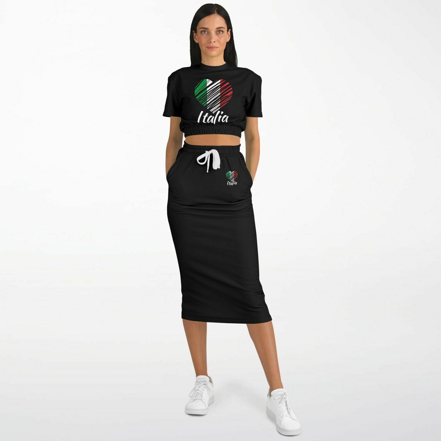 I Love Italy Athletic Crooped Short Sleeve Sweatshirt And  Long Pocket Skirt Set