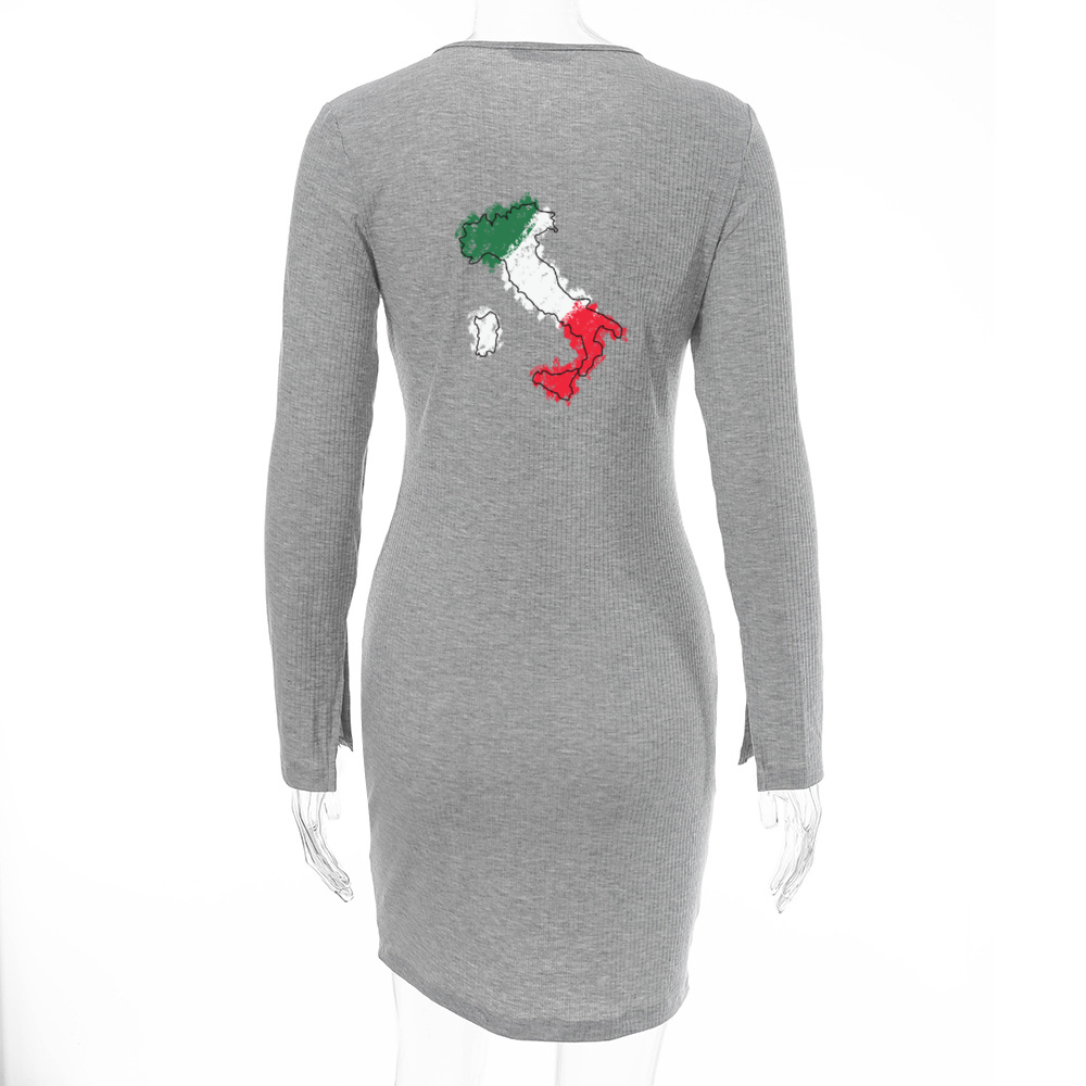 Italy Flag Map Women's Long Sleeve Zipper Front Dress