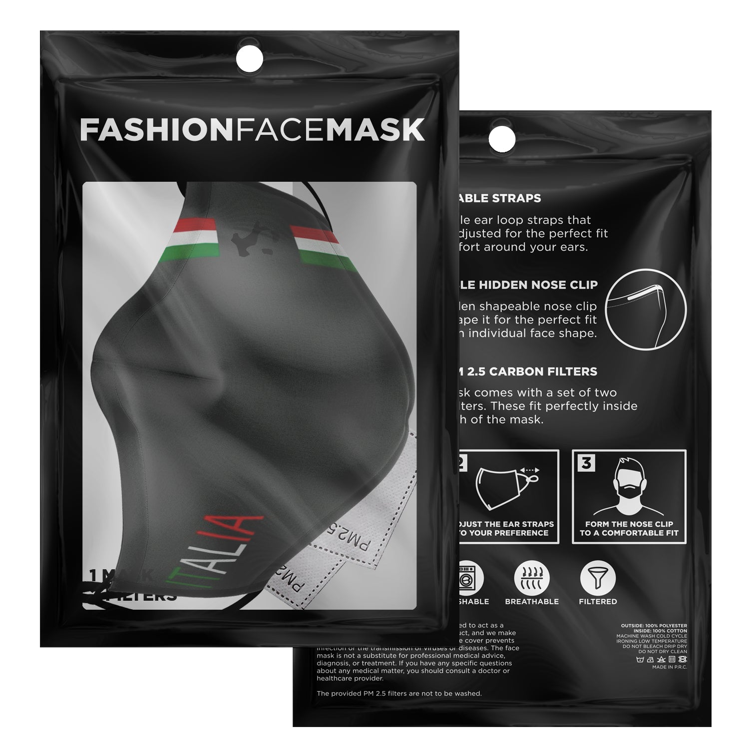 Italia Grey Face Mask + 2 PM 2.5 Filters