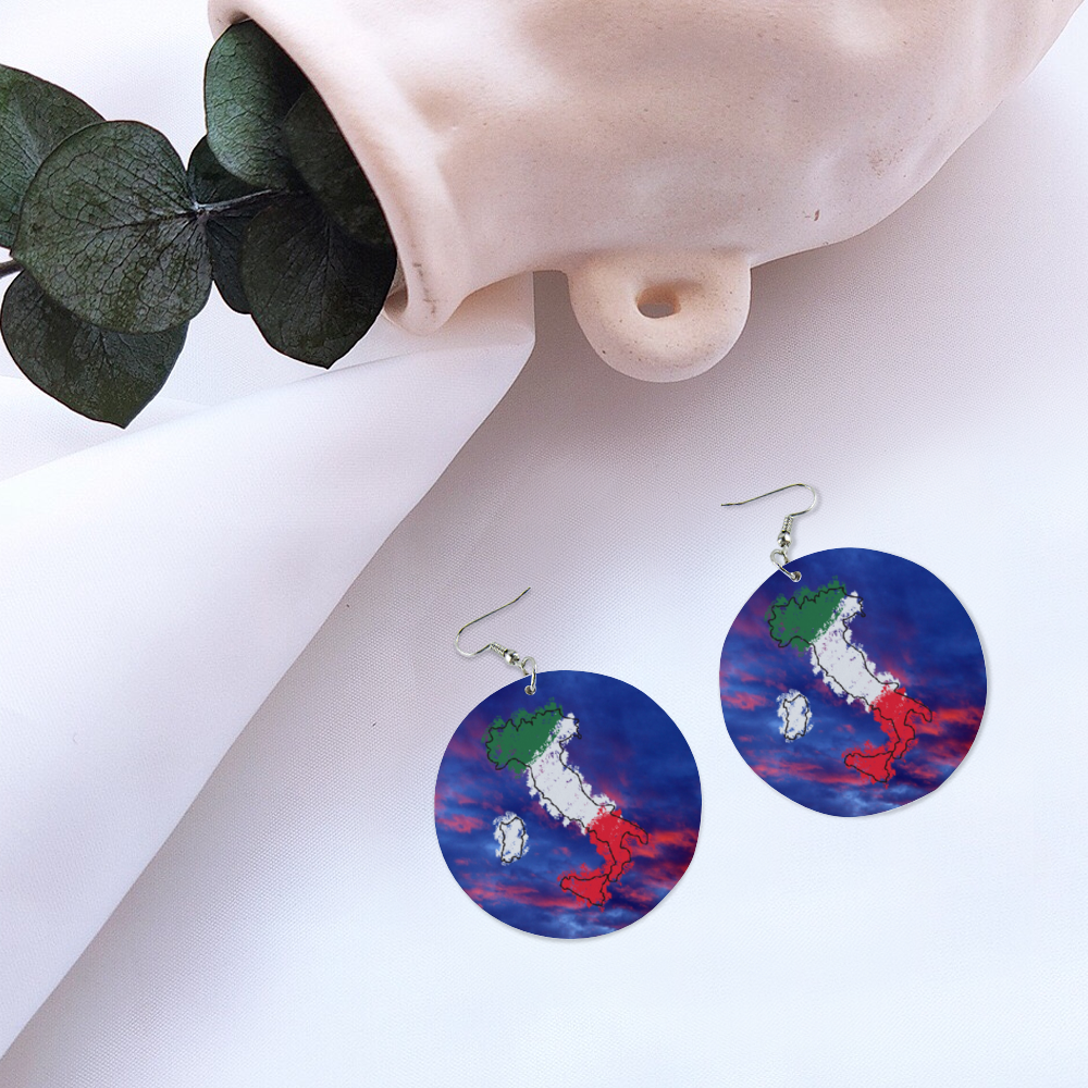 Italy Flag Map Sunset Round Wooden Earrings