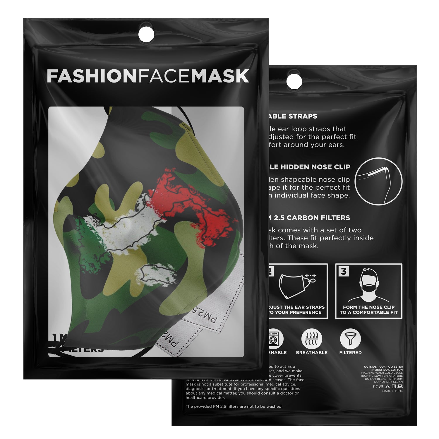 Italy Flag Map Paint Green Camo Face Mask + 2 PM 2.5 Filters