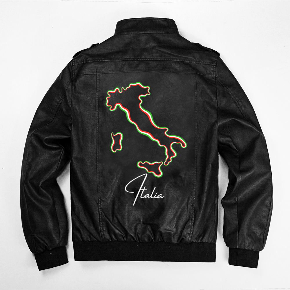 Italia Flag Map Men's PU Leather Jacket With Removable Hood