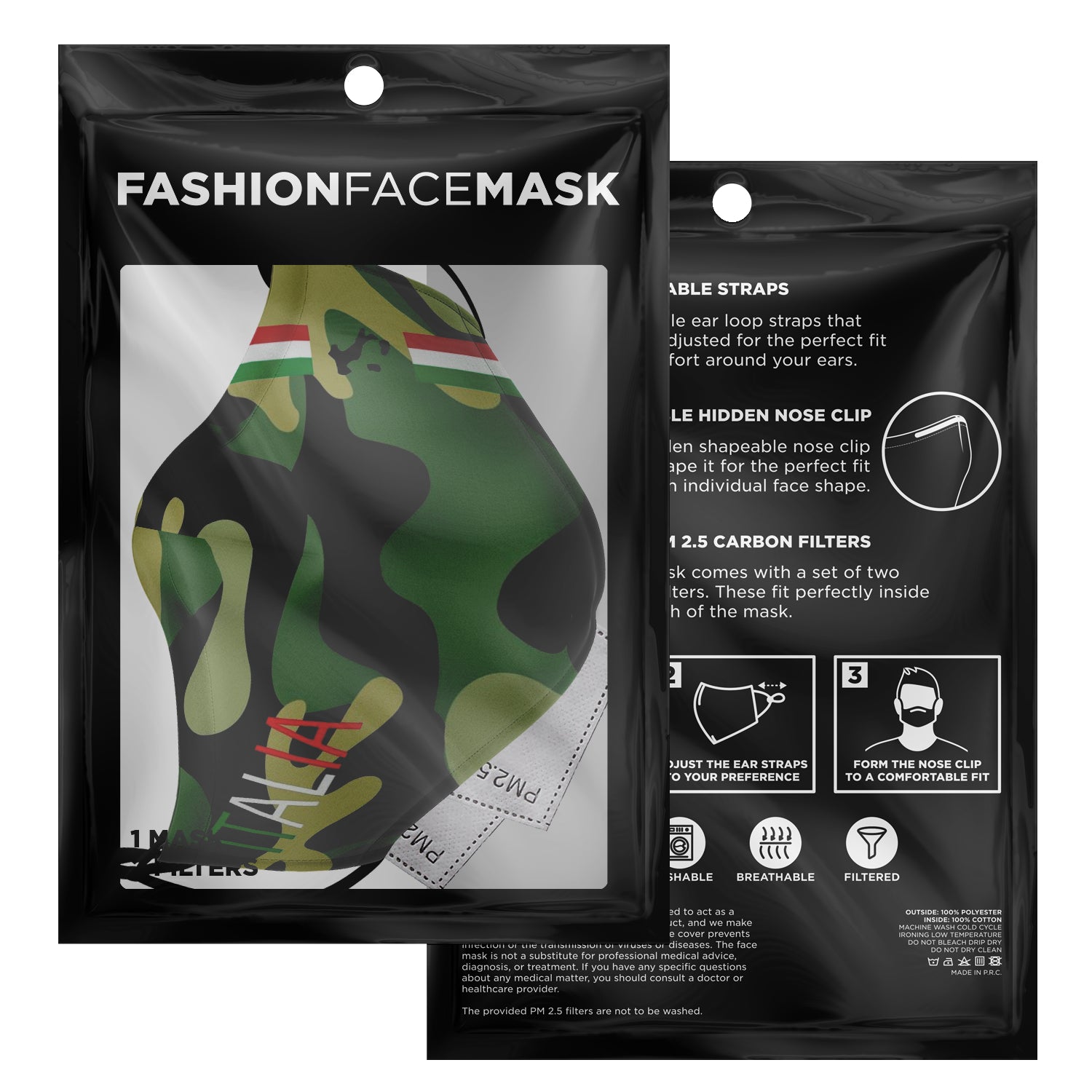 Italia Green Camo Face Mask + 2 PM 2.5 Filters