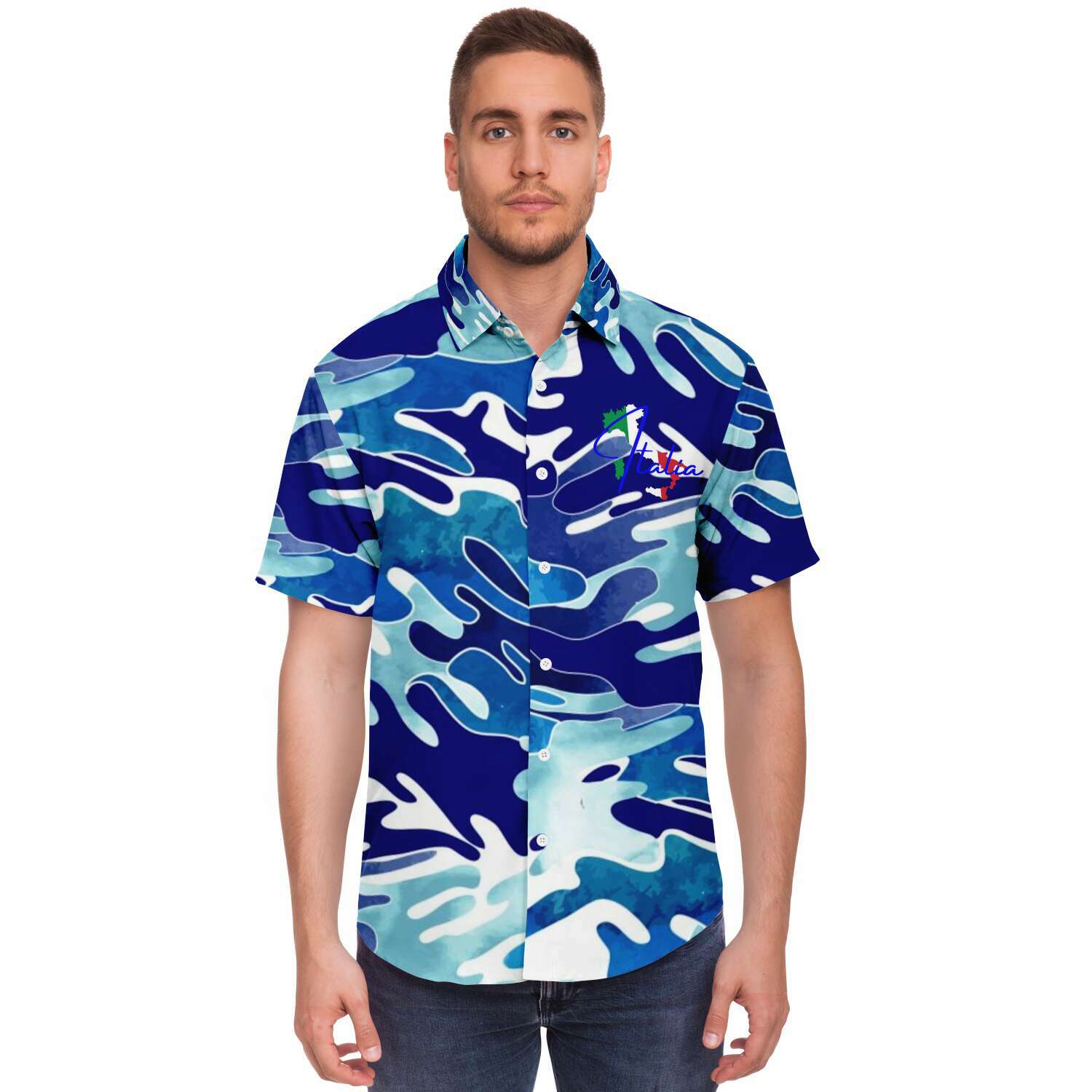 Italia Flag Map Short Sleeve Down Shirt