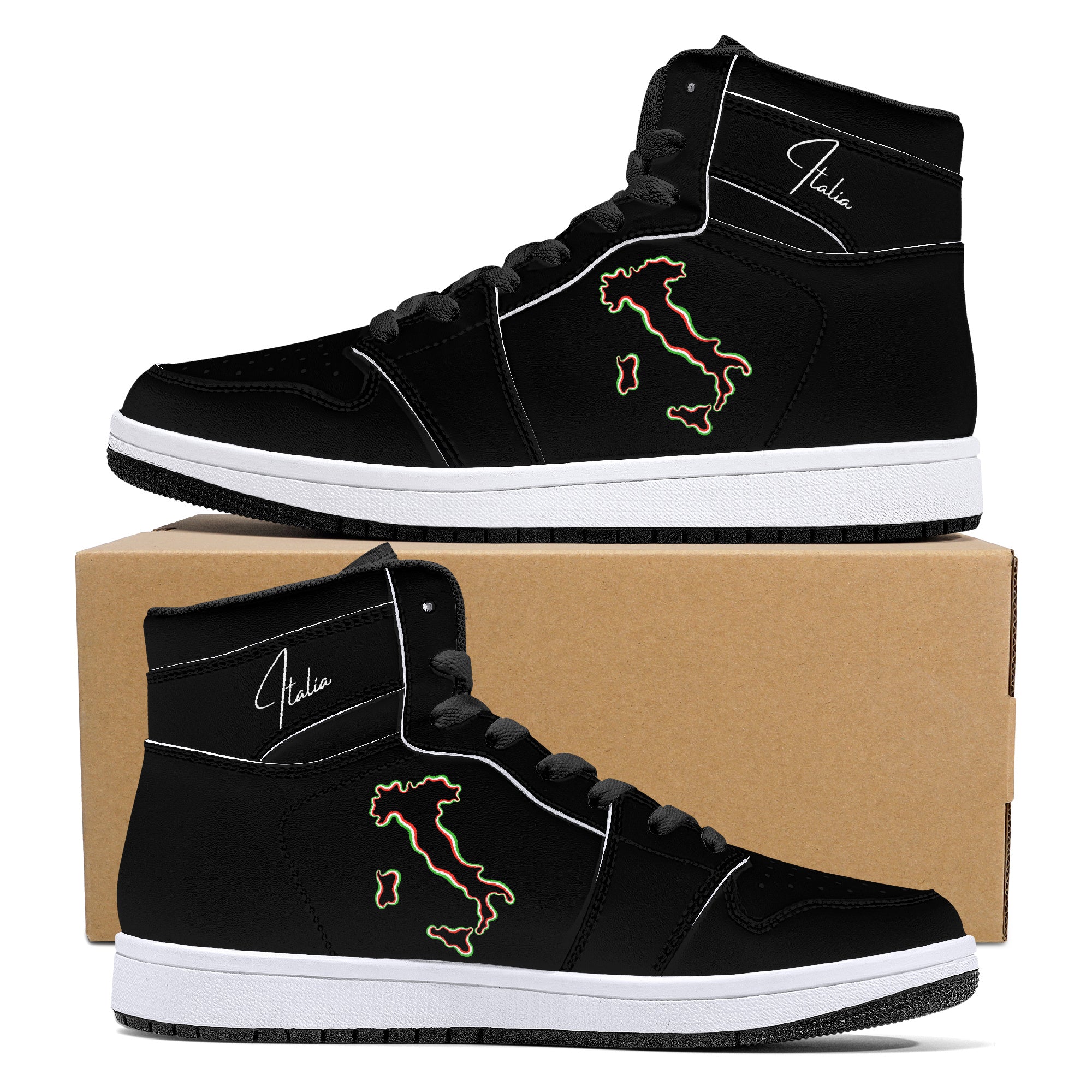 Italia Flag Map High-Top Leather Sneakers - Black