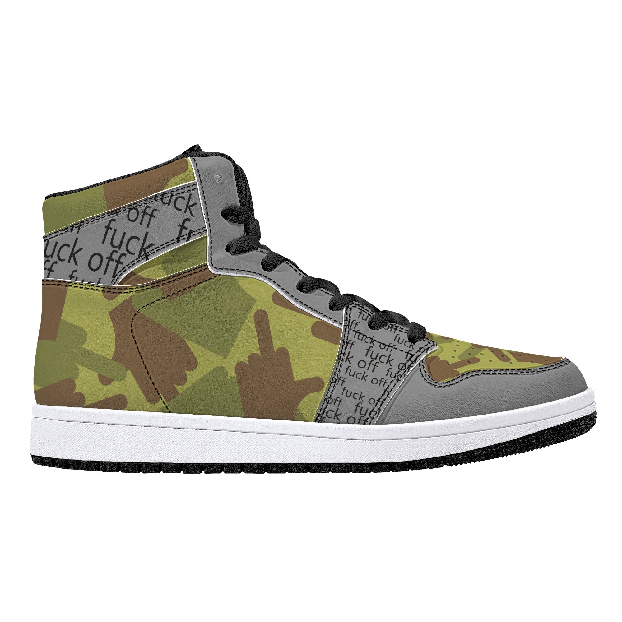 Fuck Off Grey/Green Camo High-Top Leather Sneakers