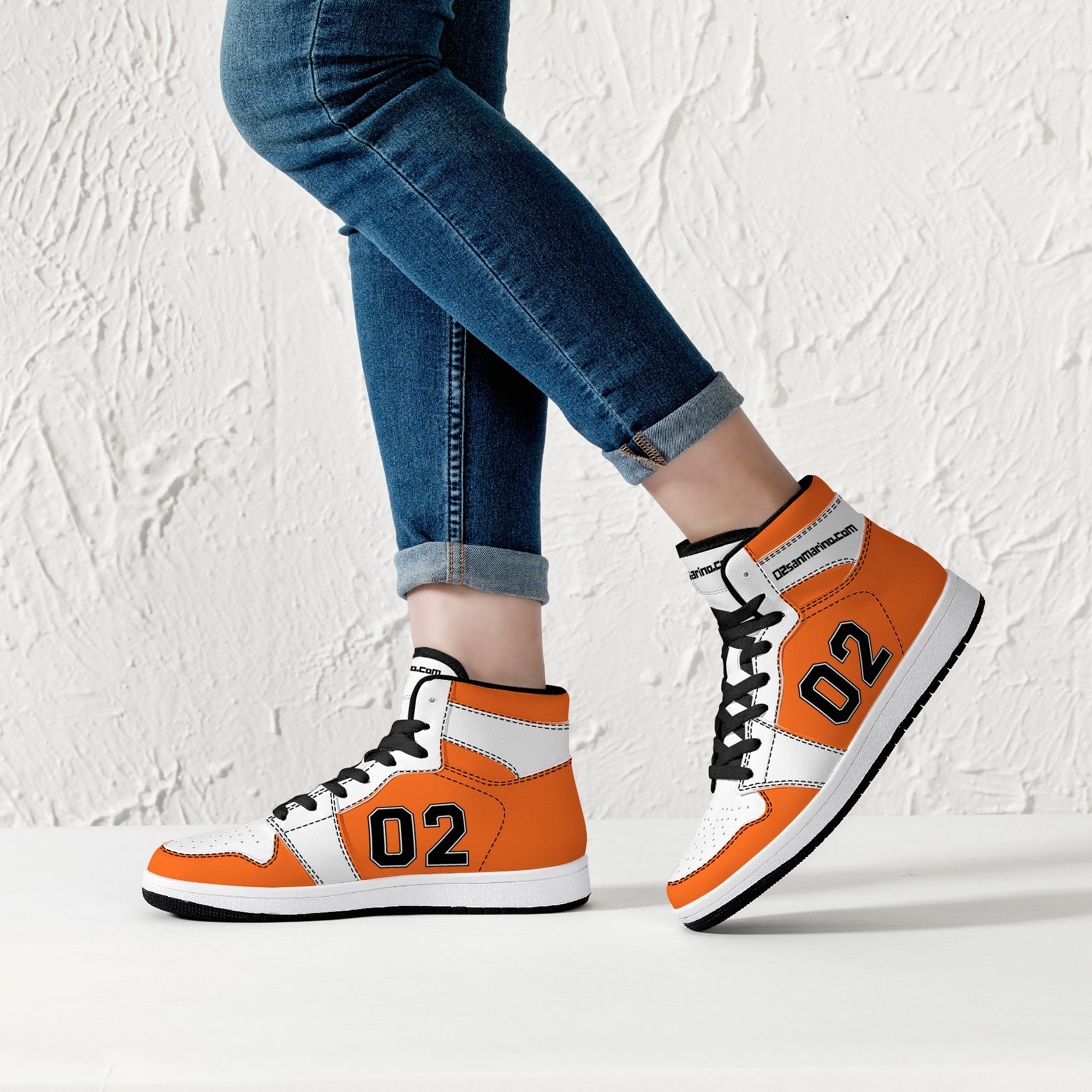 02 Orange-White High-Top Leather Sneakers