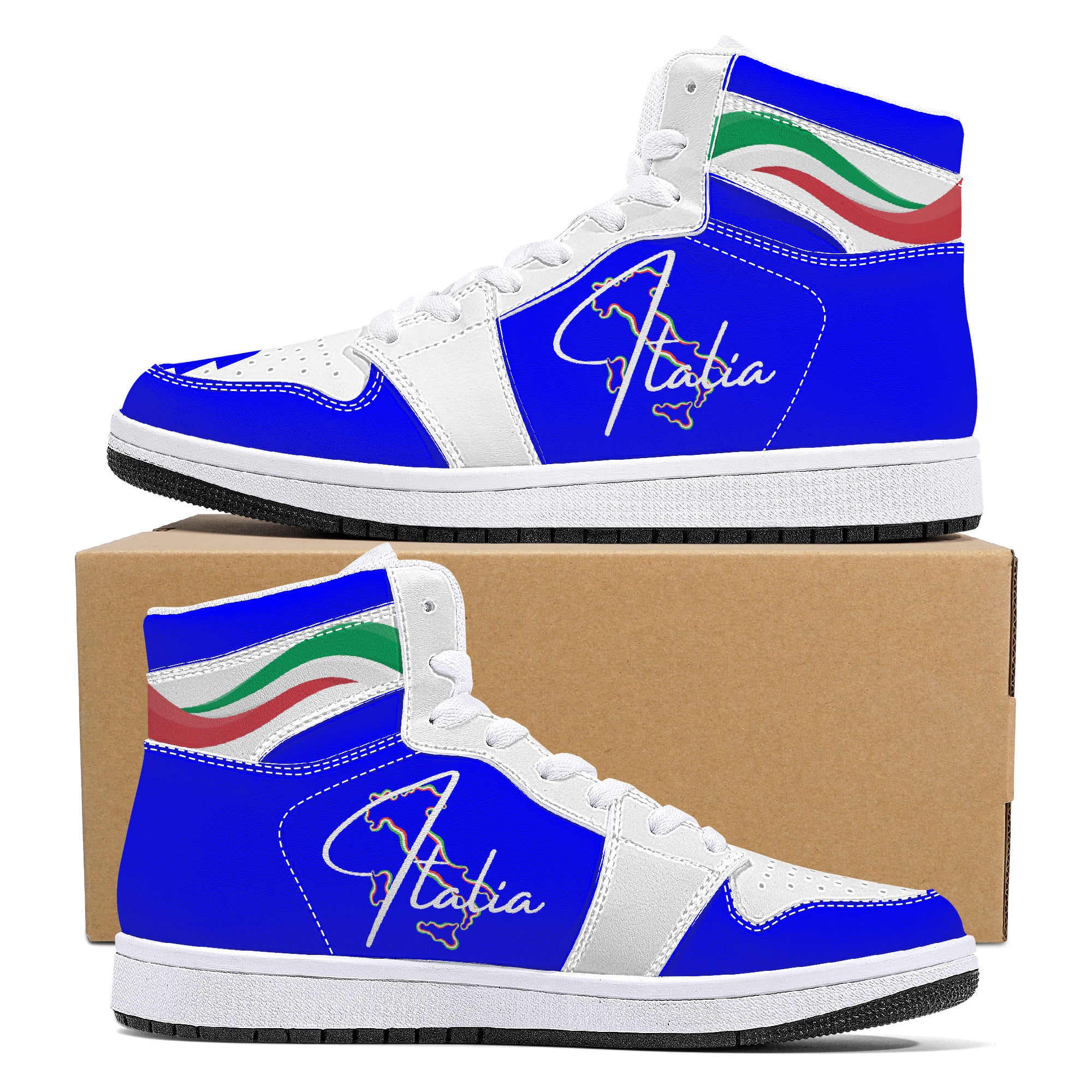 Italia Flag Map Wave Blu High-Top Leather Sneakers