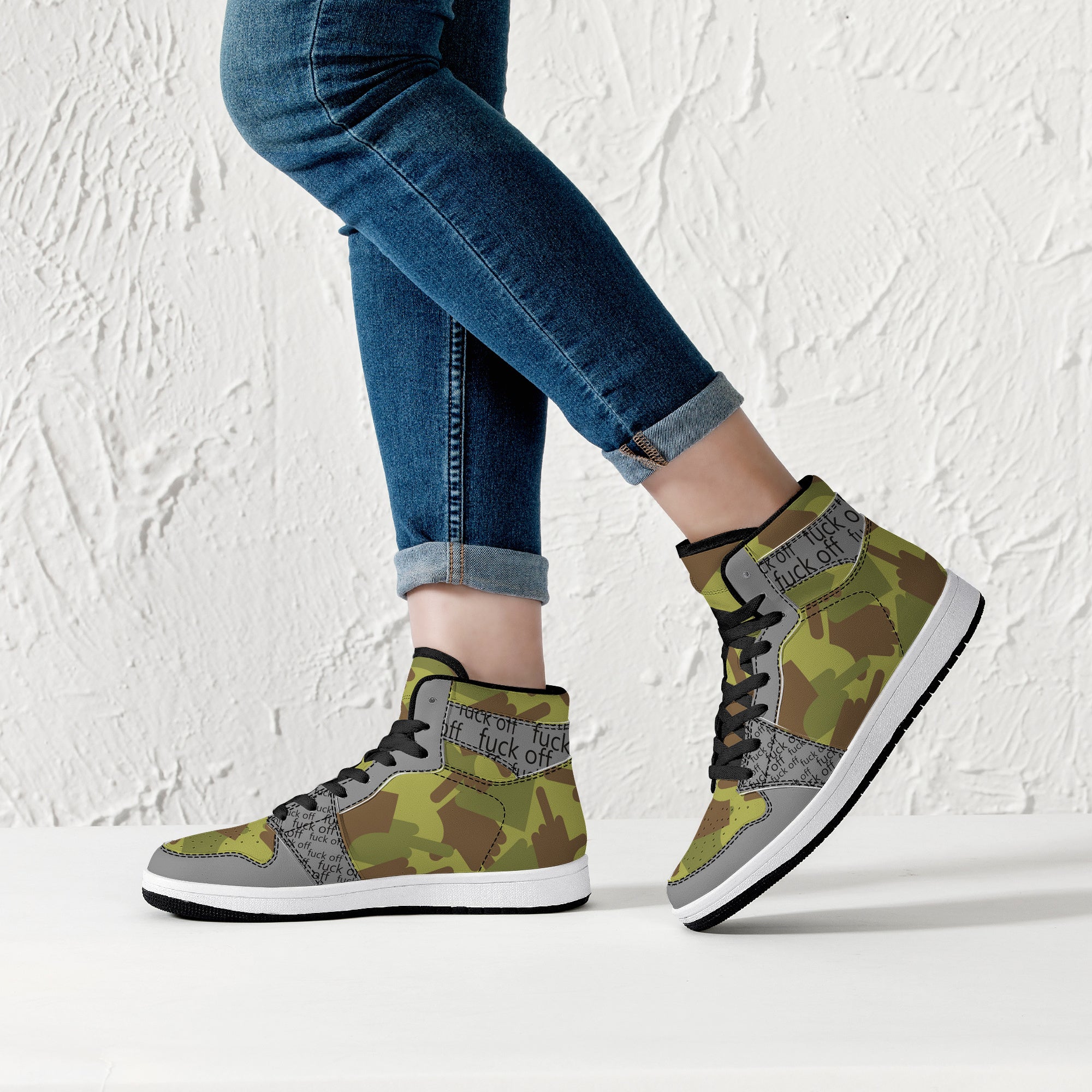 Fuck Off Grey/Green Camo High-Top Leather Sneakers