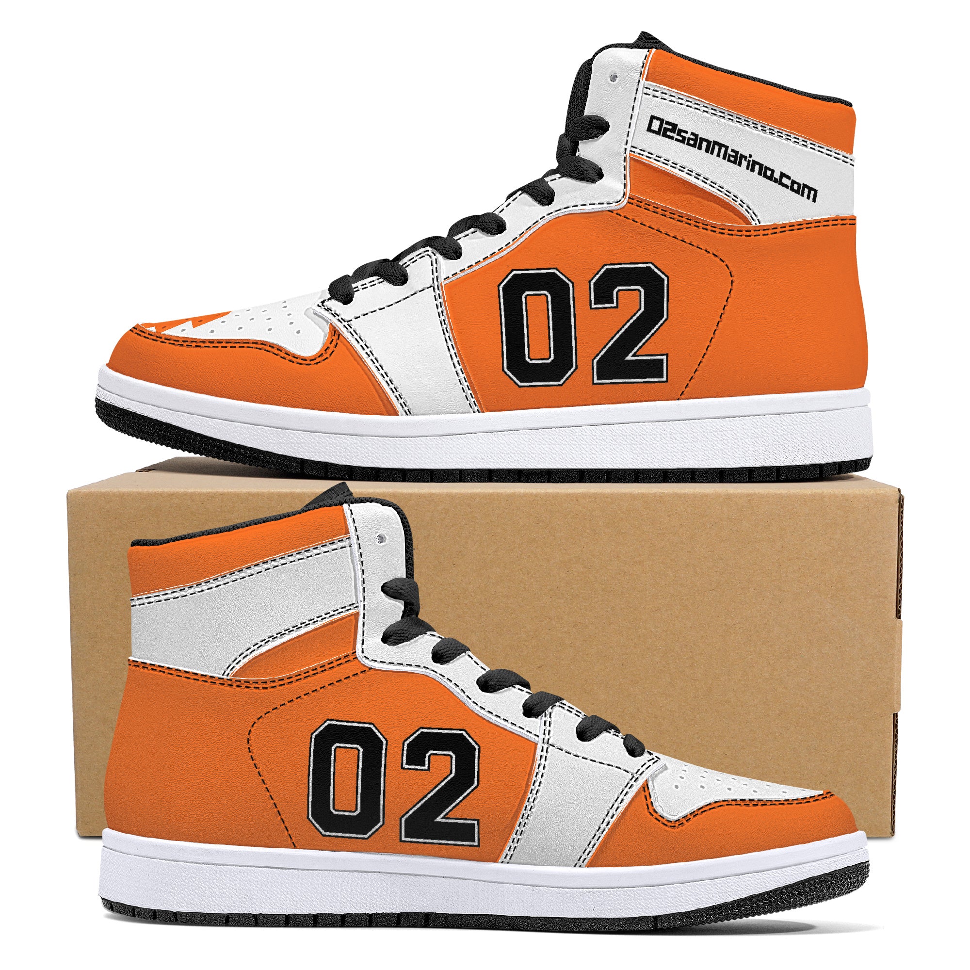 02 Orange-White High-Top Leather Sneakers