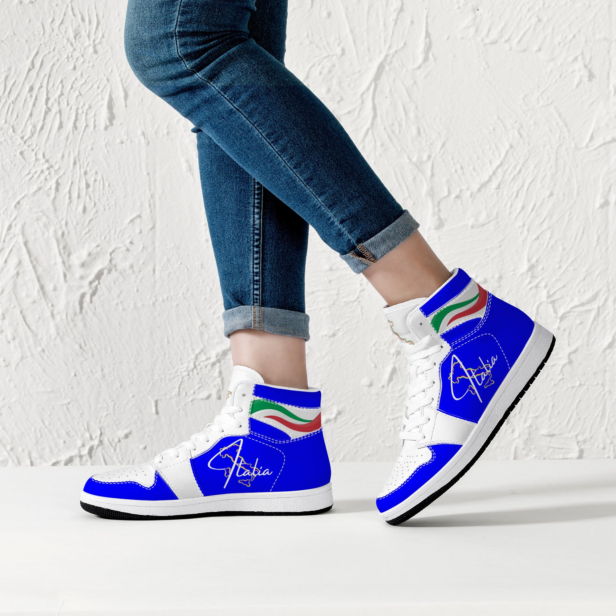 Italia Flag Map Wave Blu High-Top Leather Sneakers