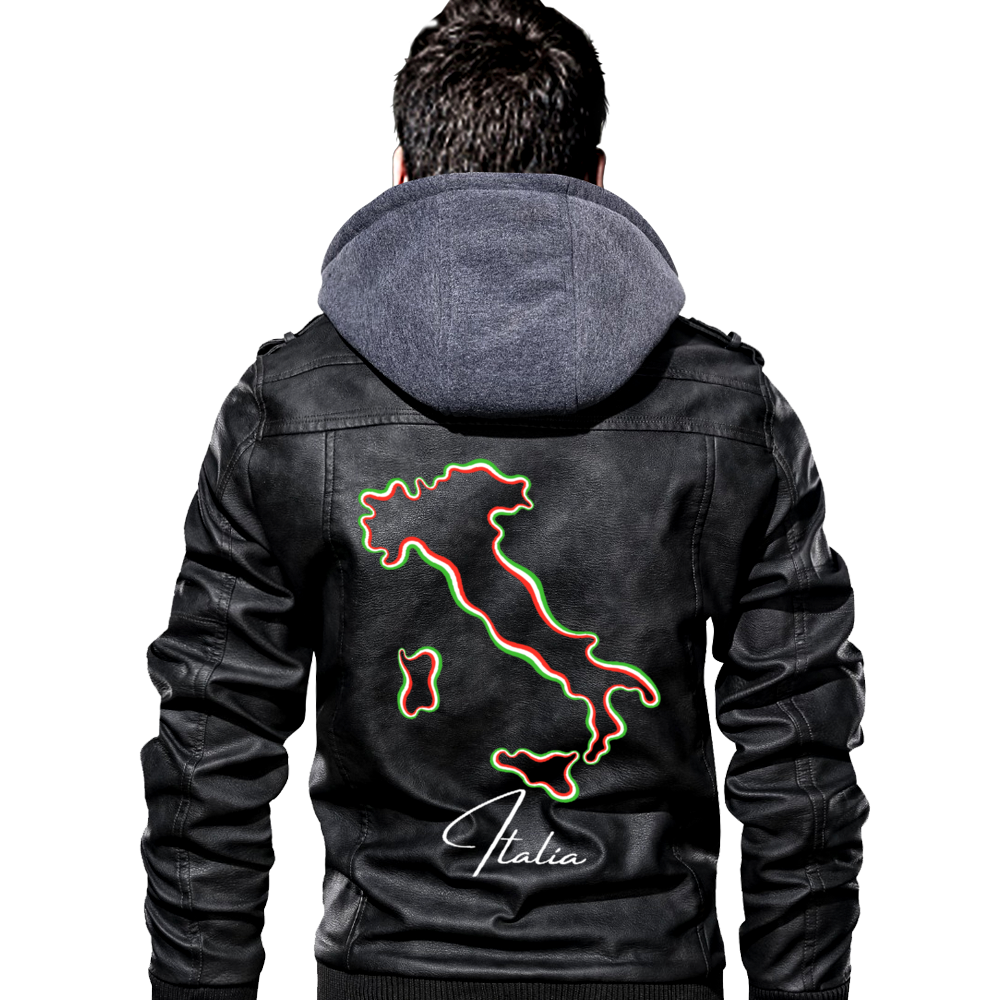 Italia Flag Map Men's PU Leather Jacket With Removable Hood