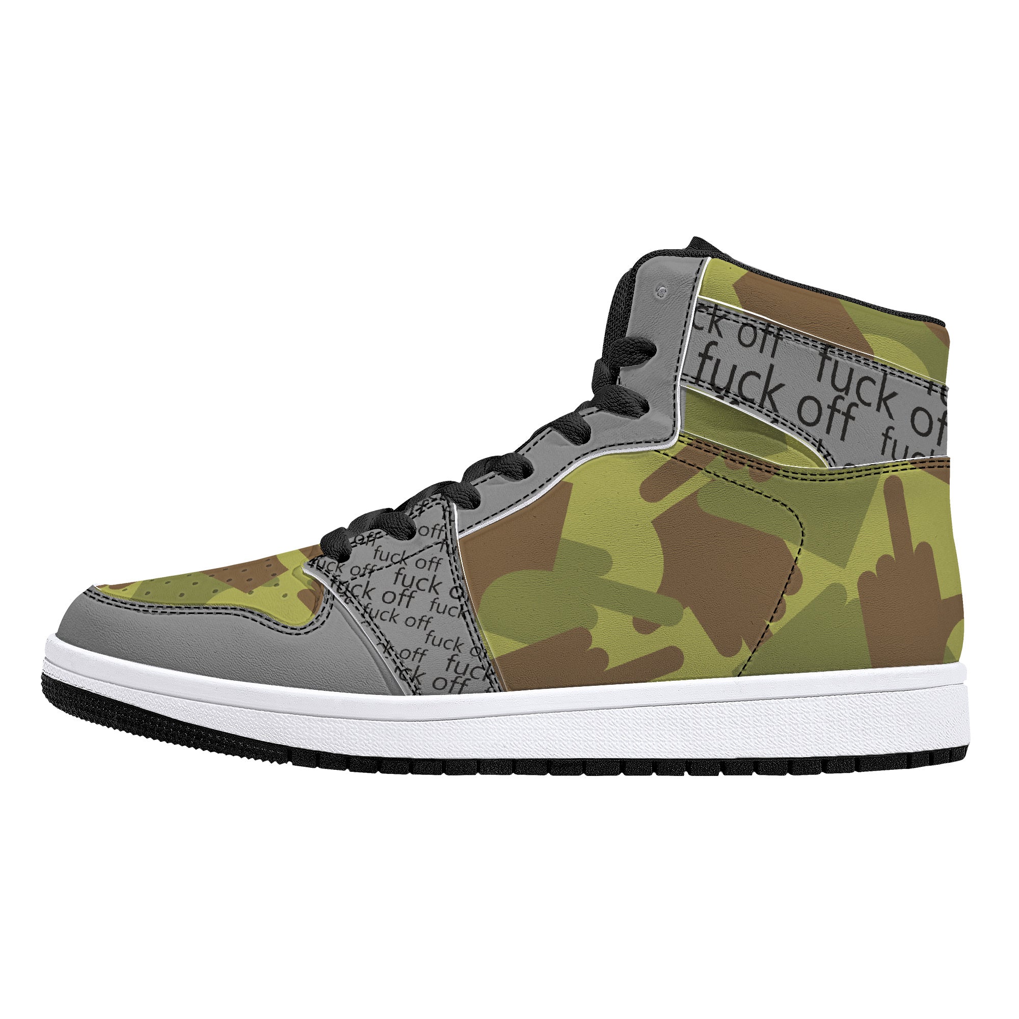 Fuck Off Grey/Green Camo High-Top Leather Sneakers