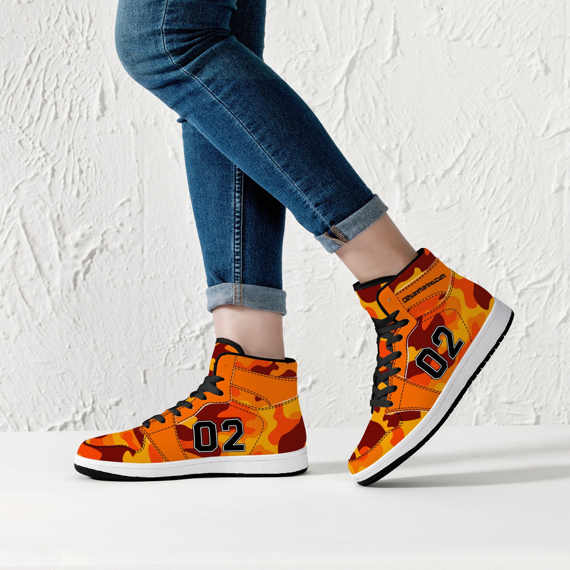 02 Orange Camo High-Top Leather Sneakers