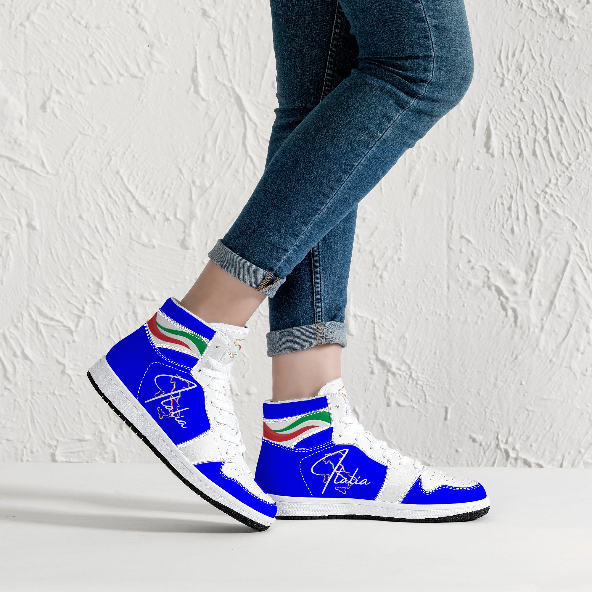 Italia Flag Map Wave Blu High-Top Leather Sneakers