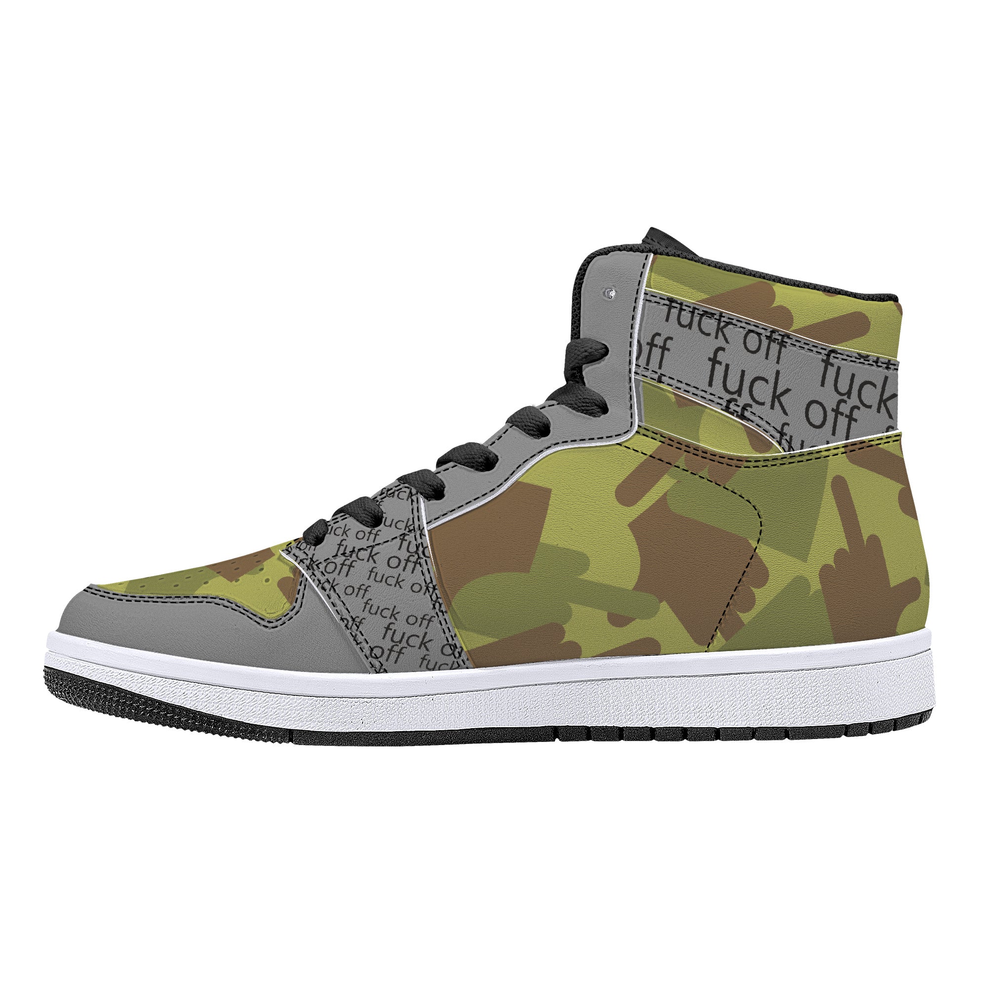 Fuck Off Grey/Green Camo High-Top Leather Sneakers