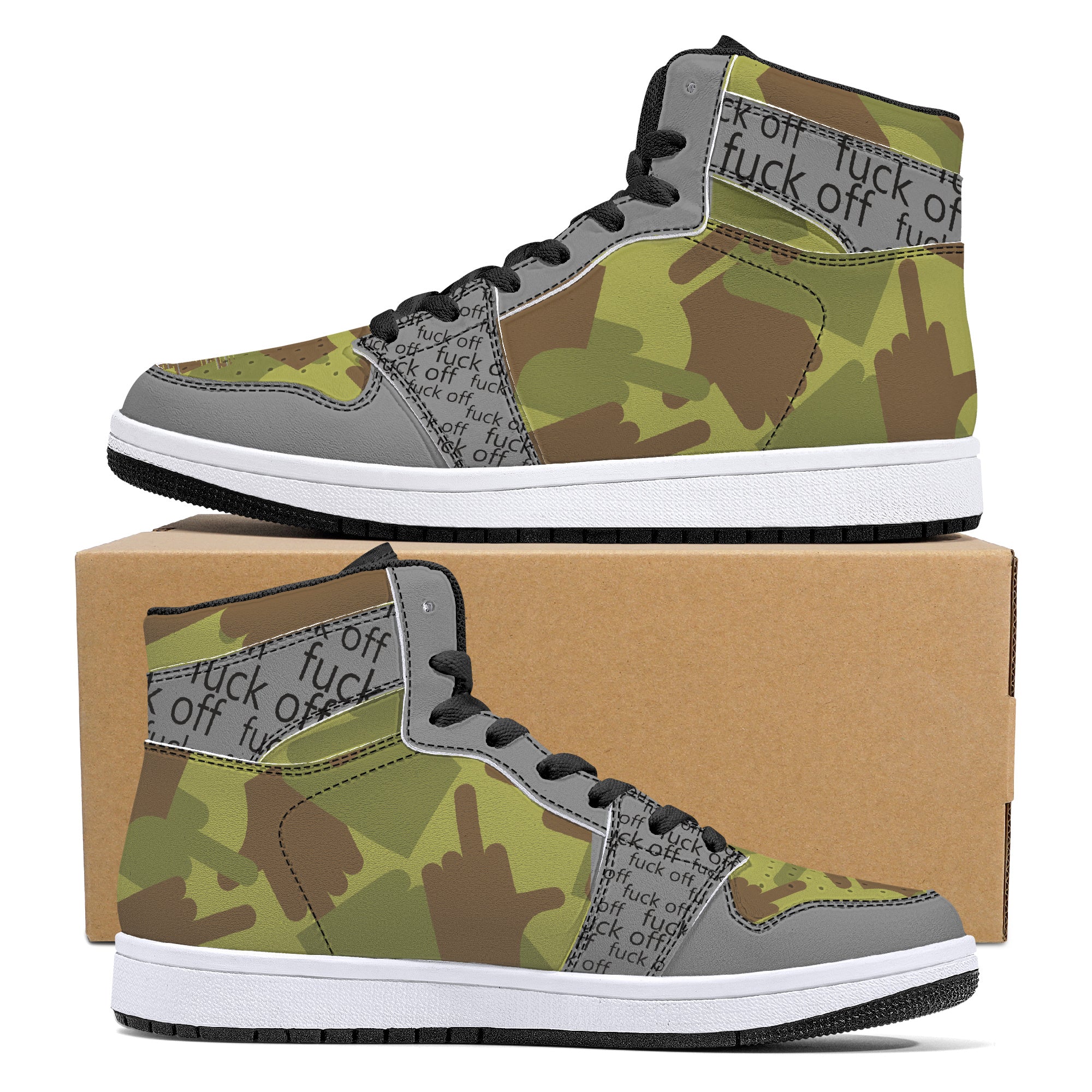 Fuck Off Grey/Green Camo High-Top Leather Sneakers