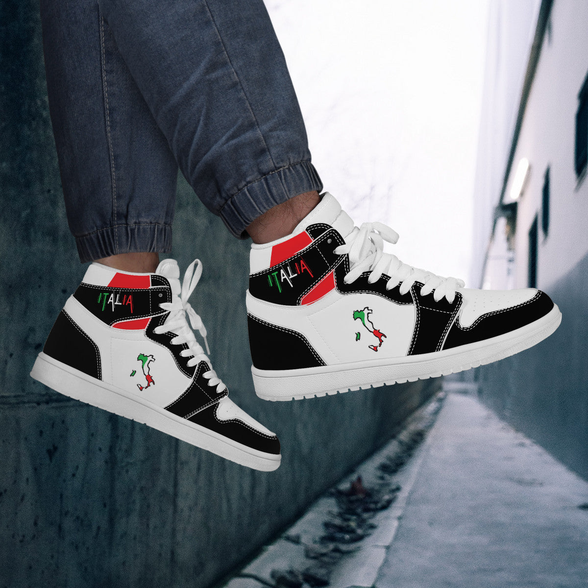 Italia Flag Map High Top Leather Black Sneakers