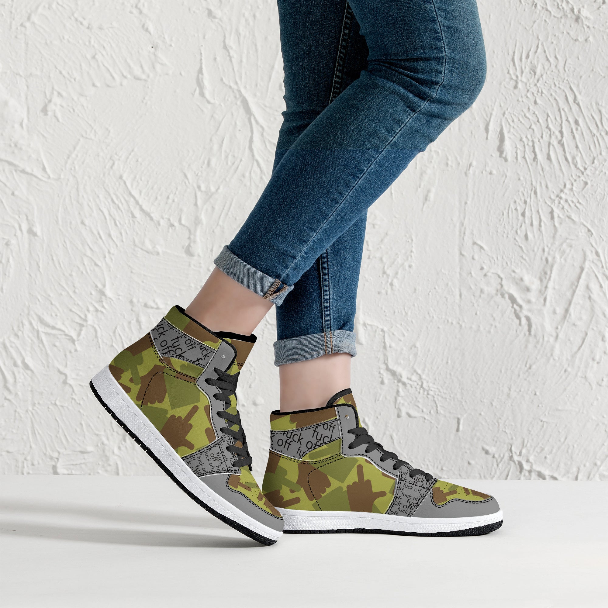 Fuck Off Grey/Green Camo High-Top Leather Sneakers