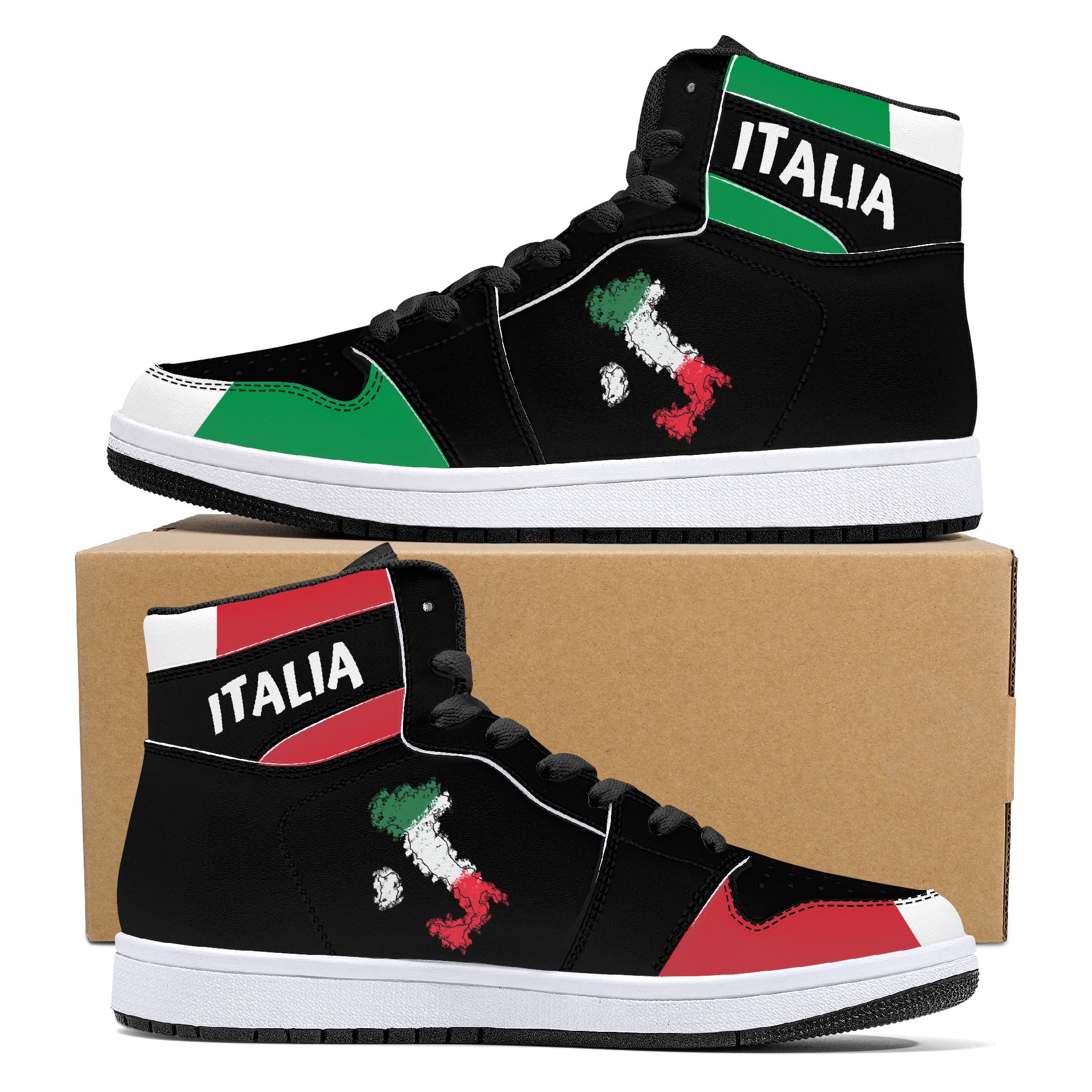 Italian Flag Map High-Top Leather Sneakers - Black