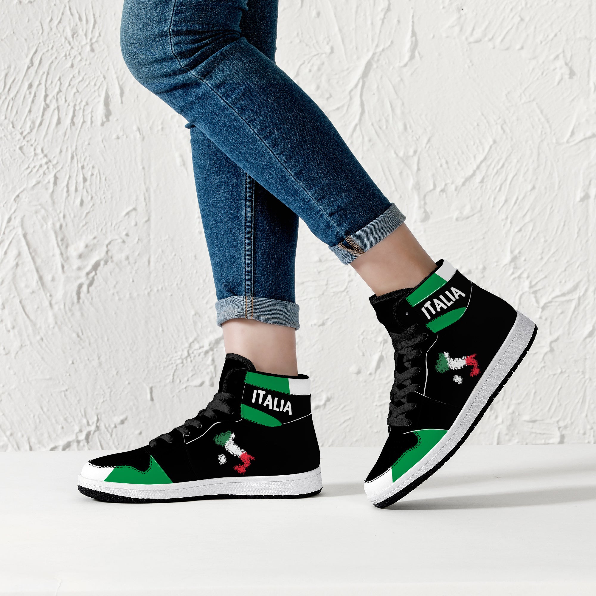 Italian Flag Map High-Top Leather Sneakers - Black