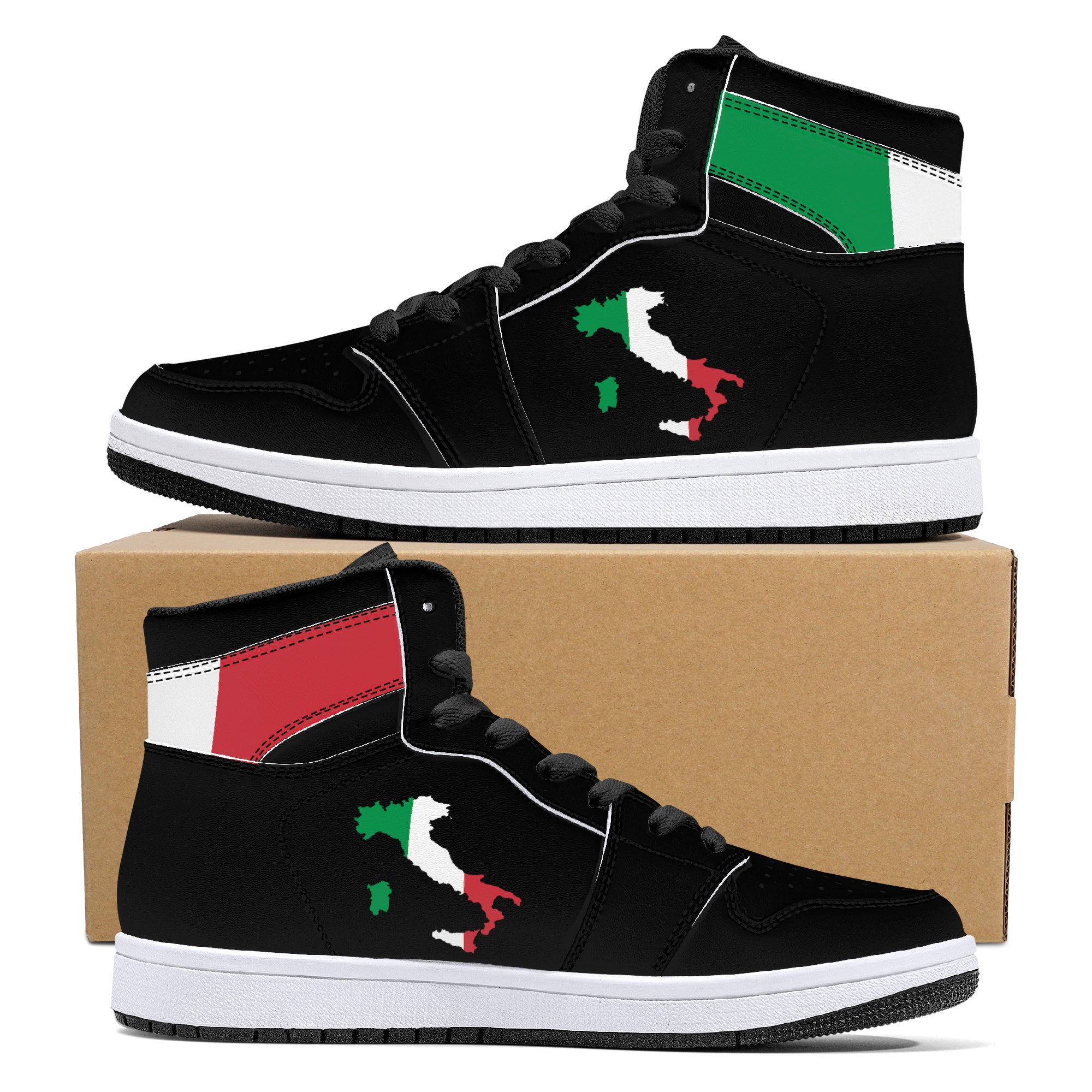 Italy Flag Map High-Top Leather Sneakers - Black