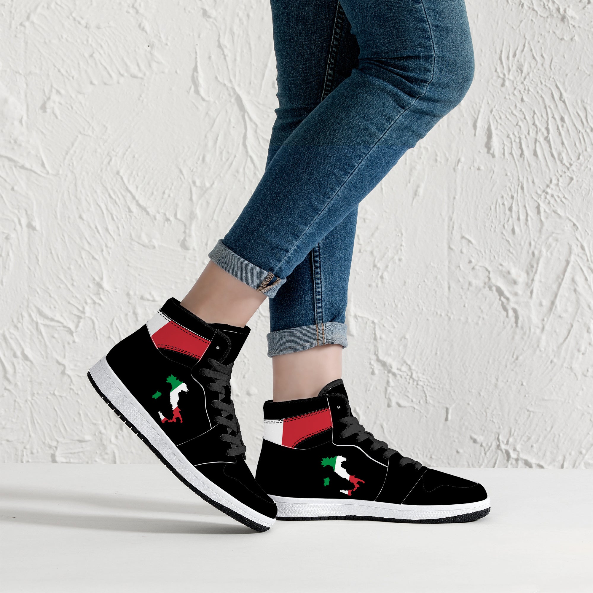 Italy Flag Map High-Top Leather Sneakers - Black