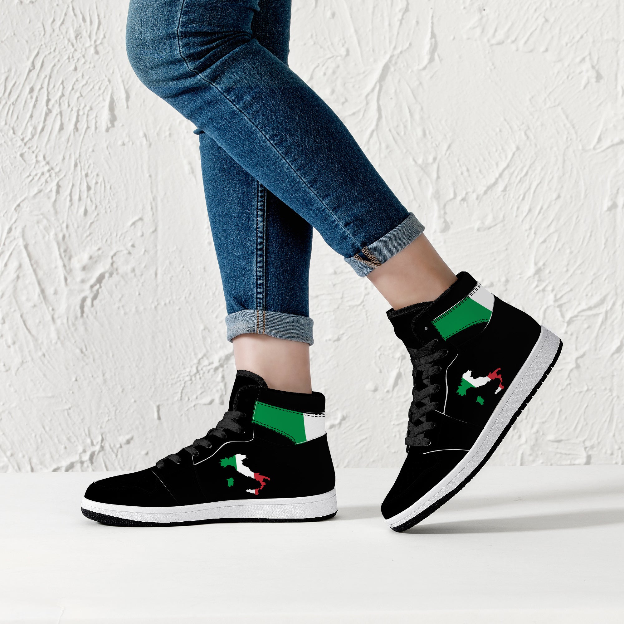 Italy Flag Map High-Top Leather Sneakers - Black