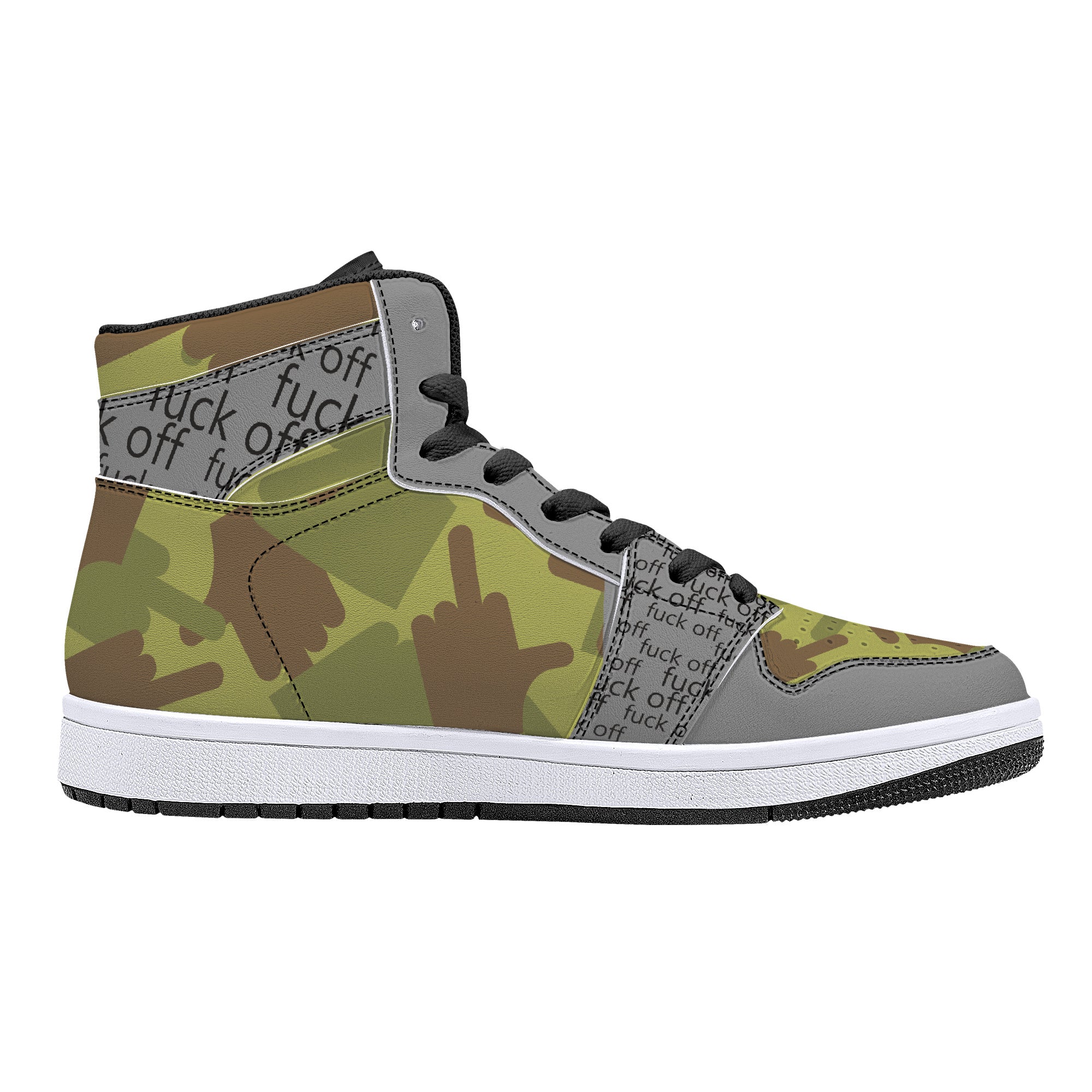 Fuck Off Grey/Green Camo High-Top Leather Sneakers